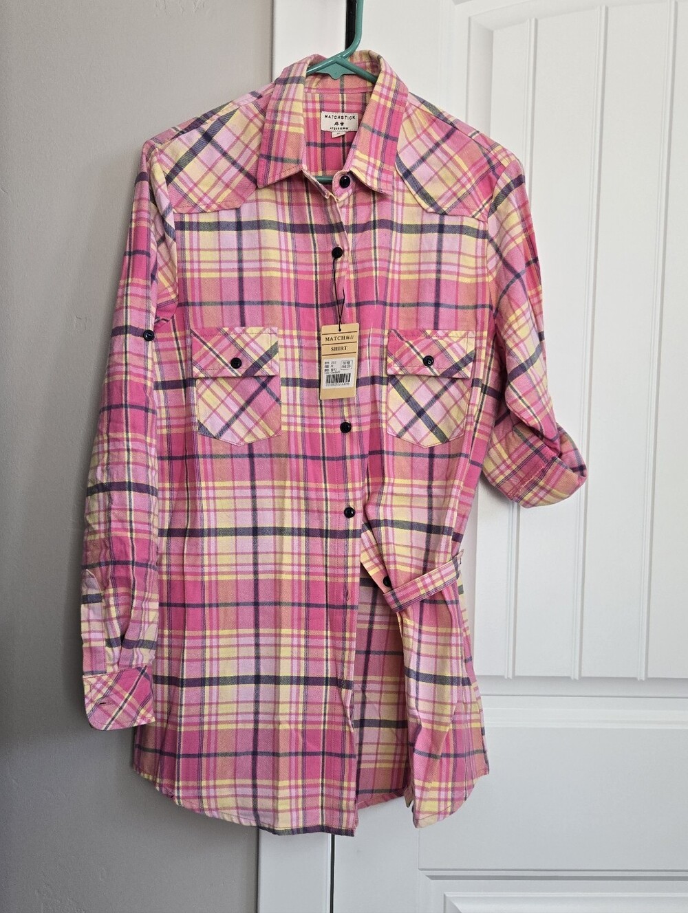 Pink Plaid Button-Down Shirt with Chest Pockets by Matched & More